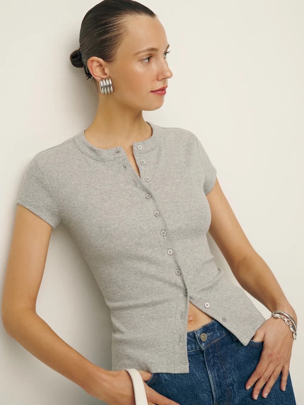 Reformation Raelynn Knit Ribbed Button Front Top in Heather Grey - Picture 3 of 11